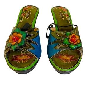 Via Veneto Floral Hand Painted Leather Wedge Sandals Size 8
